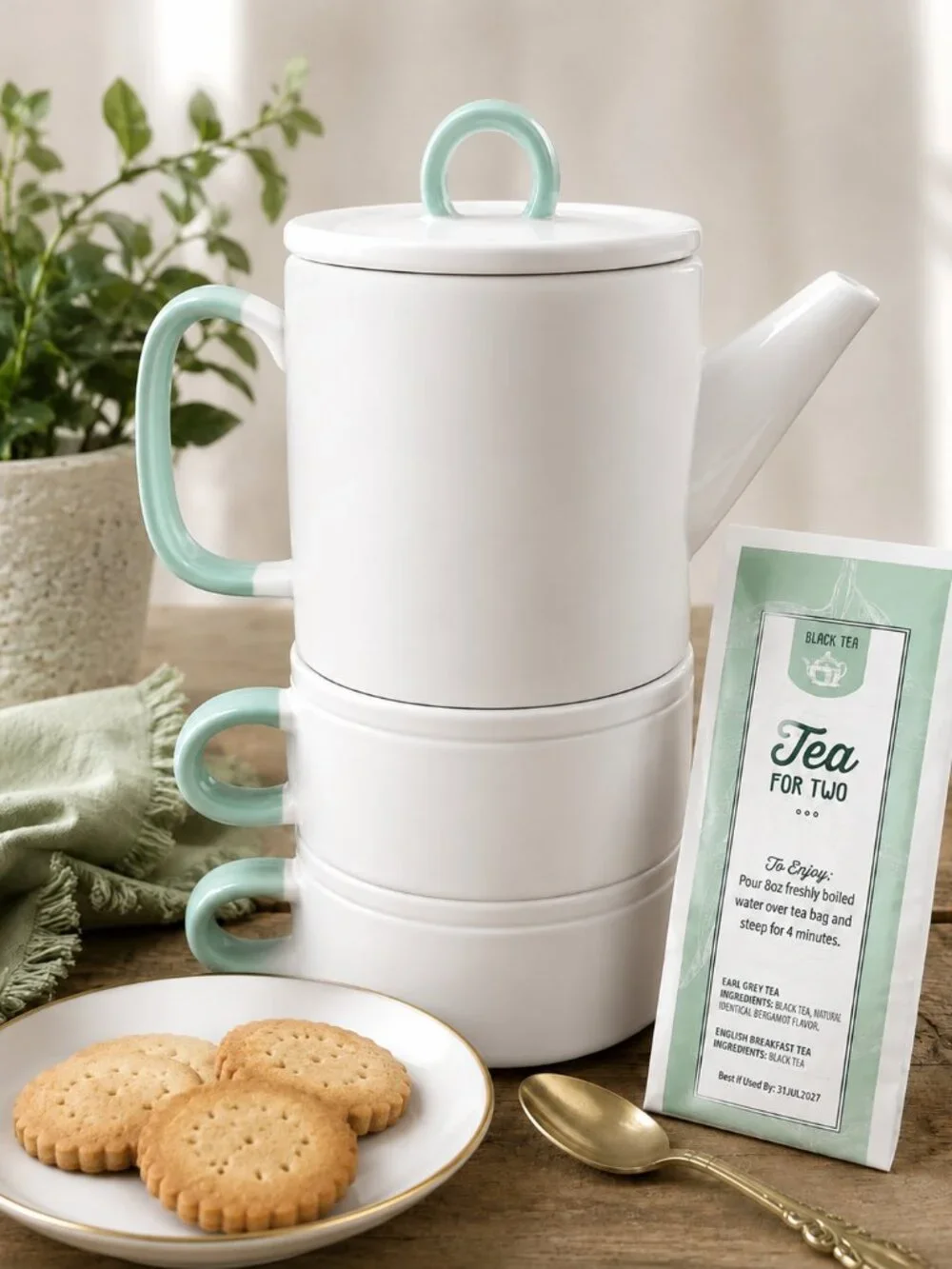 Tea for Two Stacking Teapot & 2 Cups in Mint Green & White, Tea Included, NWT